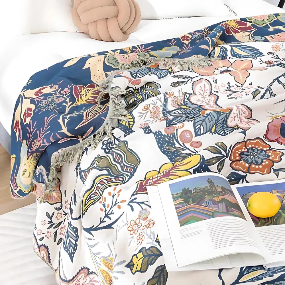 Rustikale Sofadecke | Blumen- und Quasten-Design